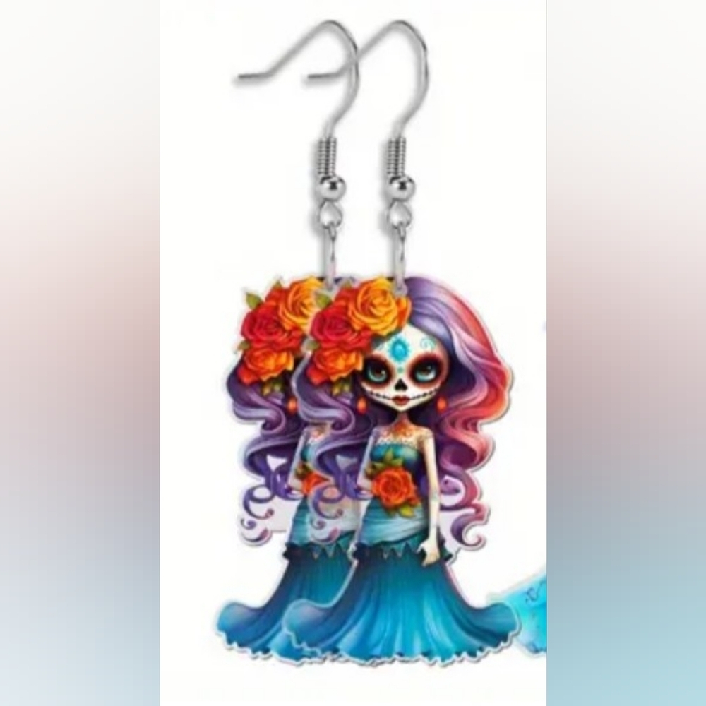 Handcrafted Whimsigoth Gothā Colorful Sugar Skull Earrings-(#1,047)